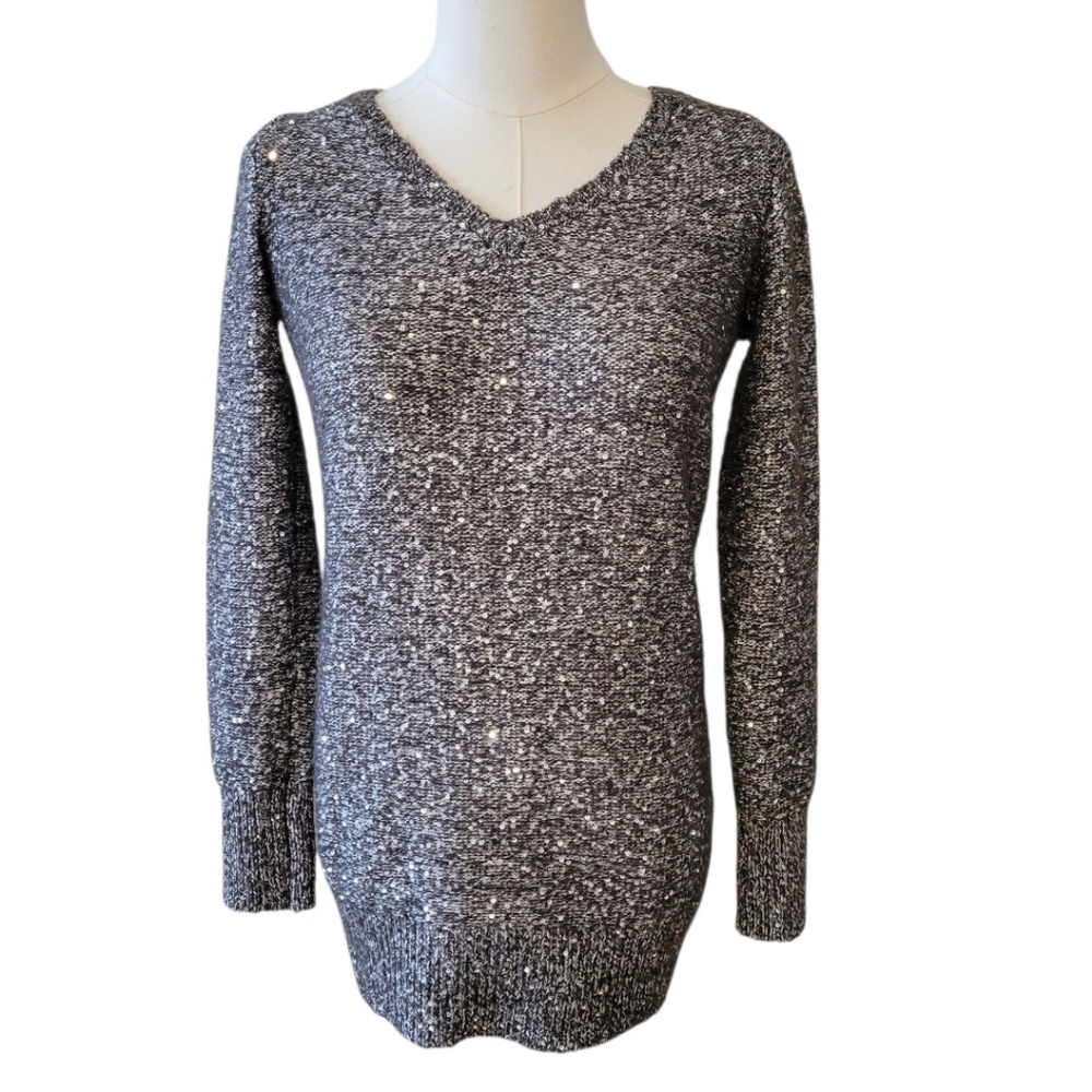 WHBM Black & Gray Marled Sequined‎ Tunic Sweater Size XS